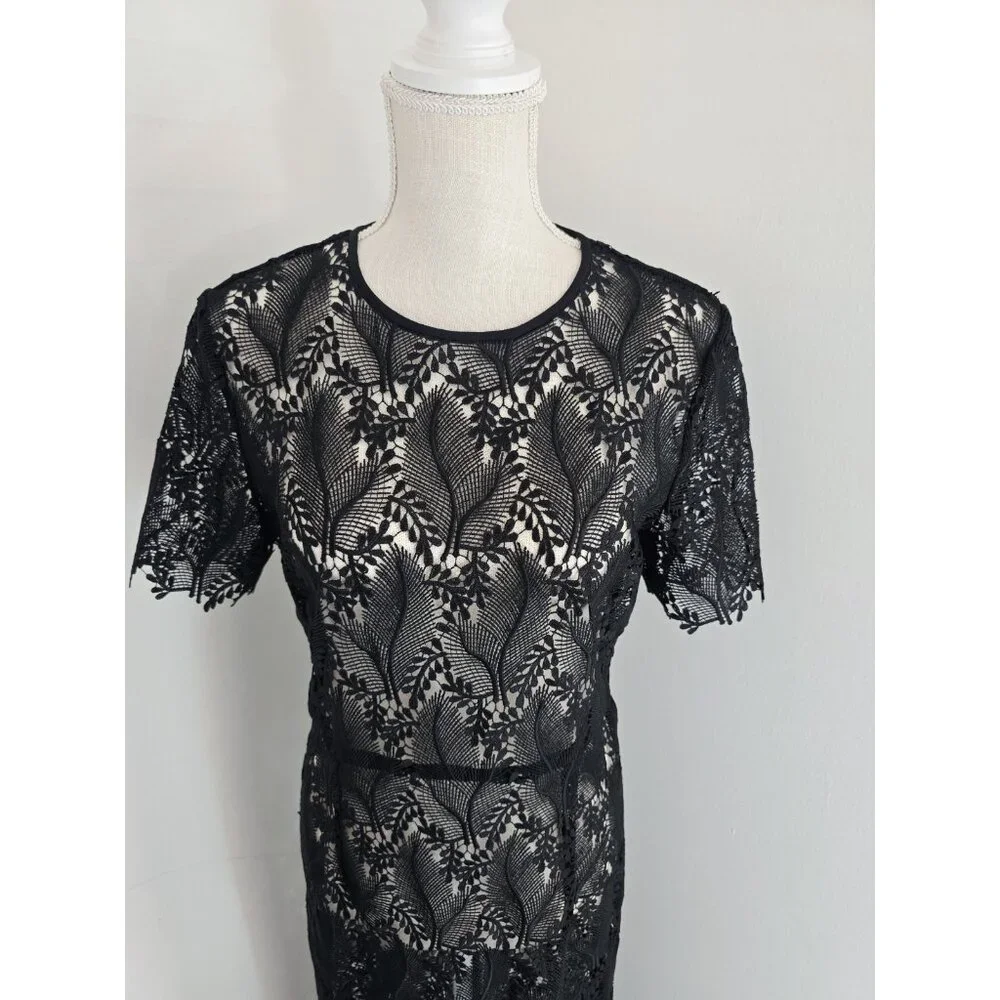 Diane Von Furstenberg Lace Embroidery Overlay Sheer Sheath Dress 8 M Black - Picture 2 of 11